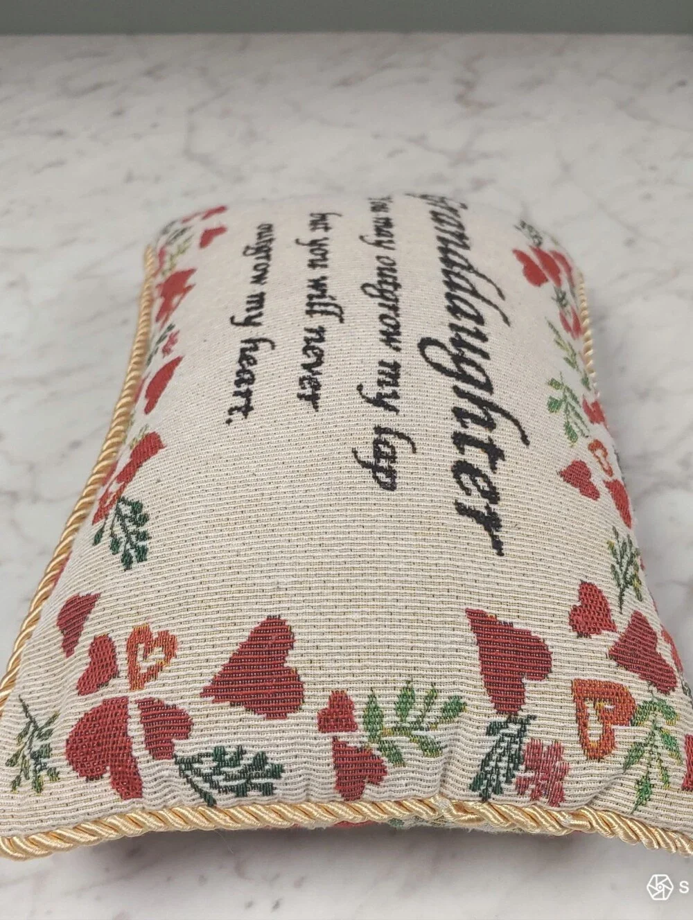 Vtg Granddaughter Tapestry Rectangle floral hearts cream red zip cottage pillow